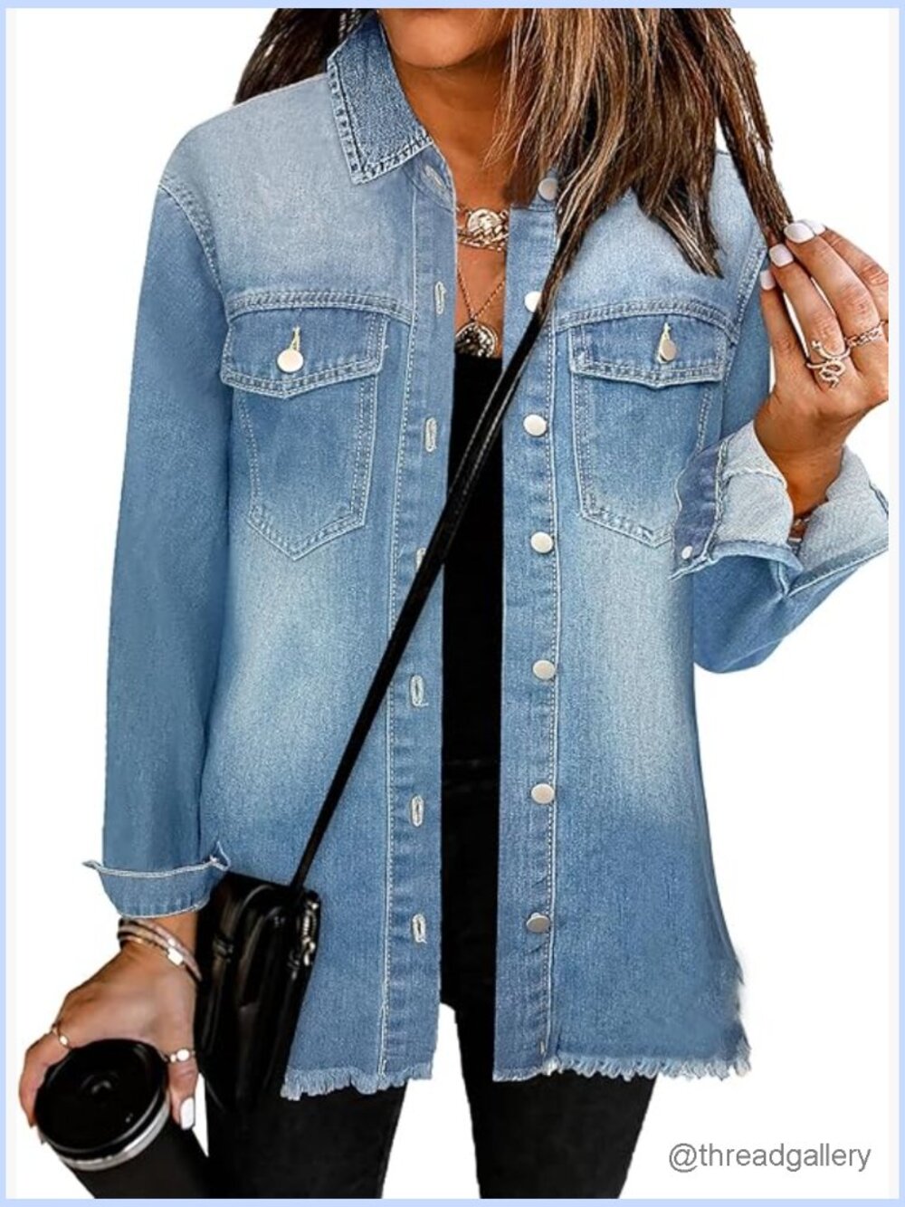 Oversized Denim Shacket Long Sleeve Distressed Frayed Hem Jean Jacket